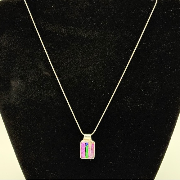 Vintage Retro Dichroic Glass Pendant and Necklace | 925 Sterling | Snake Chain - Picture 6 of 8